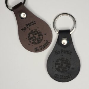 keychain, leatherette, engraved, no panic, all disco