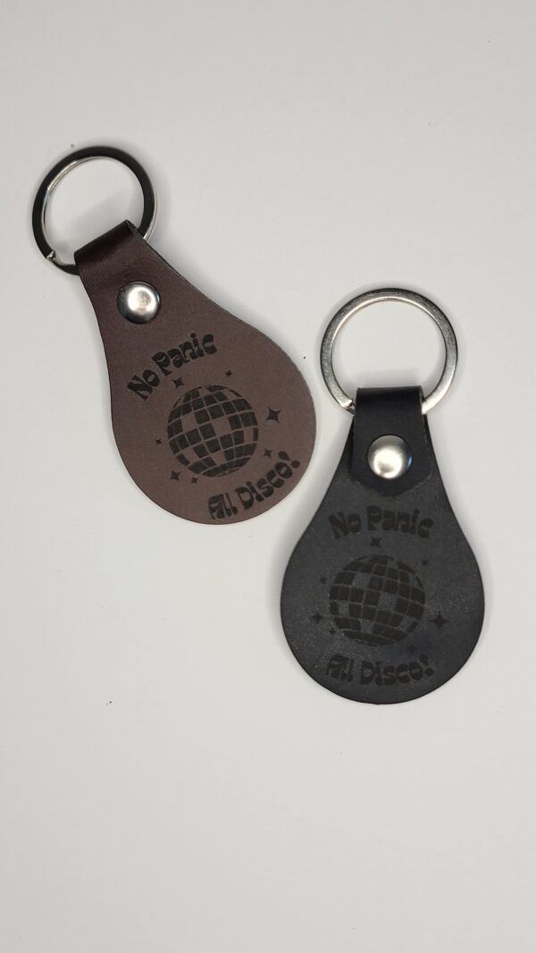 keychain, leatherette, engraved, no panic, all disco